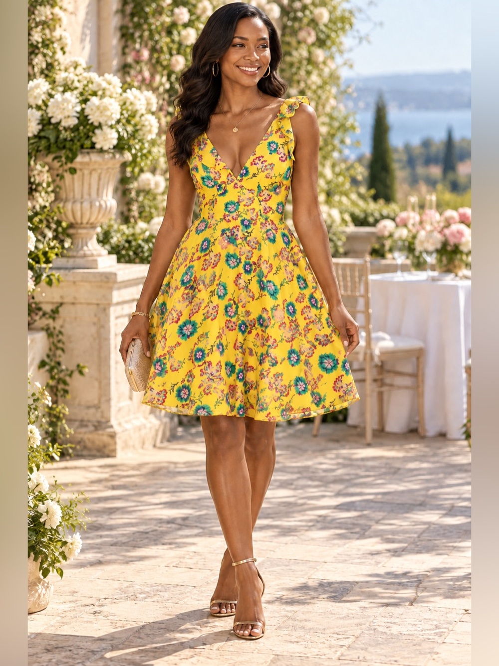 SALONI Yellow Floral Silk Knee Length Dress Size 0 Fit & Flare Deep V Neck Party